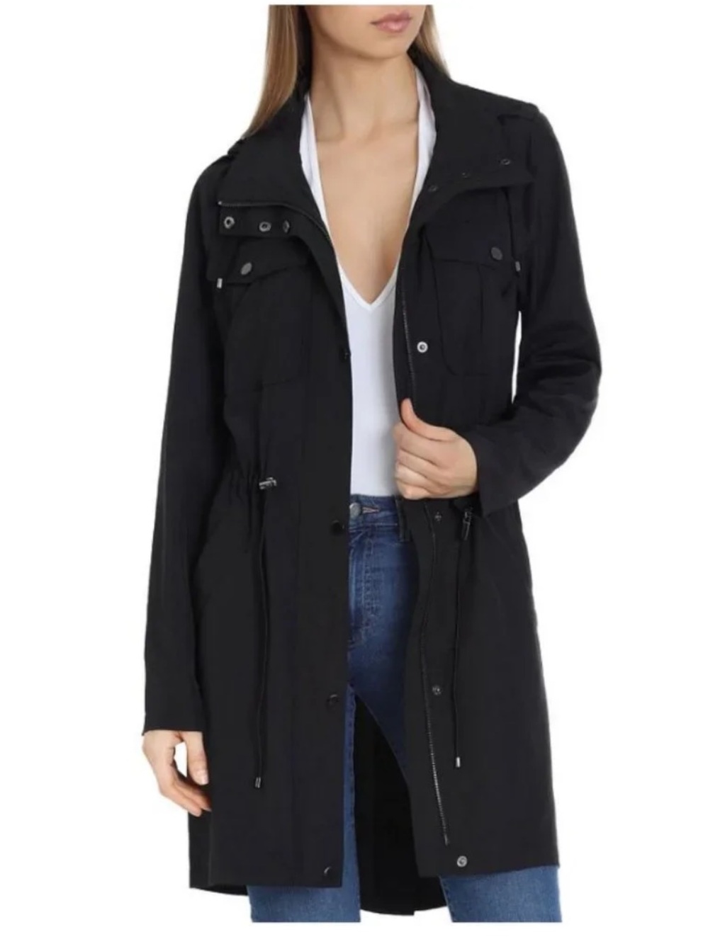 Badgley Mischka Black Drawstring-Waist Rain Jacket Size S